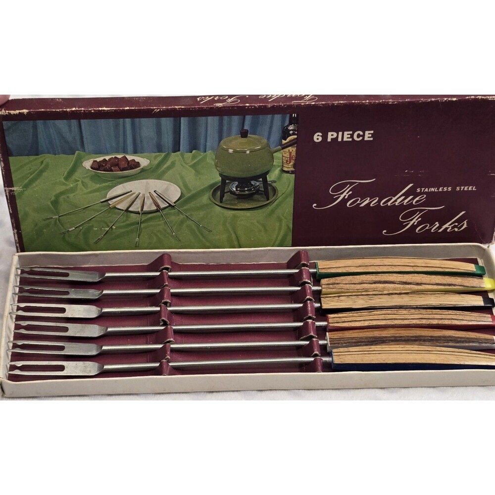 Vintage Fondue Forks 6 Piece Stainless Steel MCM Original Box Wood Grain Handles